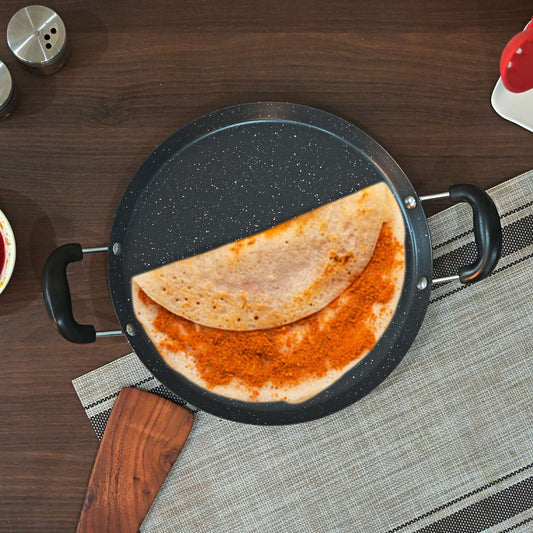 Femora Carbon Steel 28 CM Comal Pan with Side Handle, 3 Layer Non-Stick Coating Pan, Black, Pack of 1