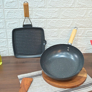 Femora Set of 2 Non-Stick Cookware Set |3 Layer Non-Stick Coating | Carbon Steel Wok 27 CM |Grill Pan 24 CM
