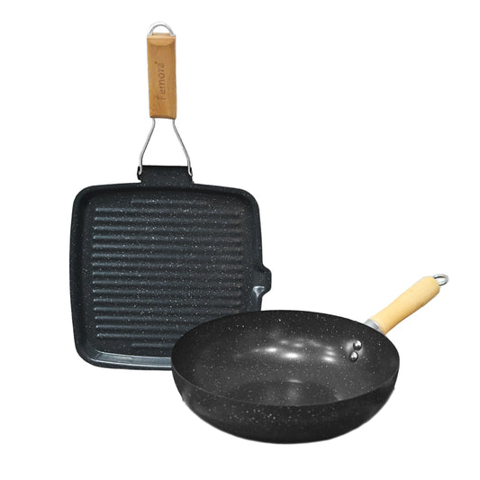 Femora Set of 2 Non-Stick Cookware Set |3 Layer Non-Stick Coating | Carbon Steel Wok 27 CM |Grill Pan 24 CM
