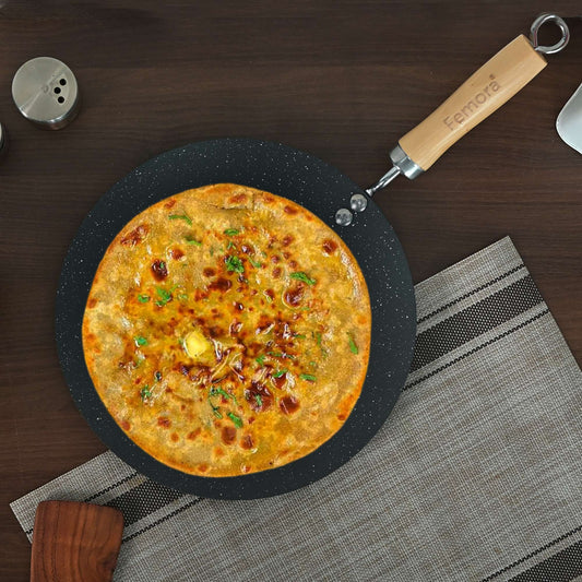 Femora Carbon Steel Tawa with Wooden Handle, 3 Layer Non-Stick Coating Tawa, Black, Pack of 1, Diameter- 28 CM