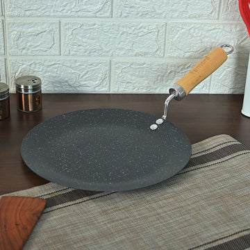 Femora Carbon Steel Tawa with Wooden Handle, 3 Layer Non-Stick Coating Tawa, Black, Pack of 1, Diameter- 28 CM