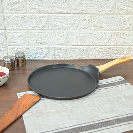Femora Forged Aluminium Non-Stick 28 CM Pancake Pan with Wood Finish Handle, Induction & Gas Ready, Pack of 1