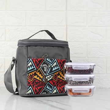 Borosilicate Glass Lunch Box Grey Canvas Bag Femora, 400 ML, 3 Pcs