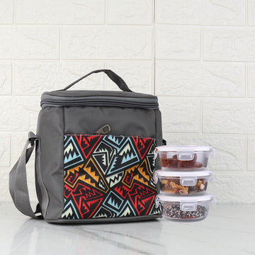 Borosilicate Glass Lunch Box Grey Canvas Bag Femora, 380 ML, 3 Pcs