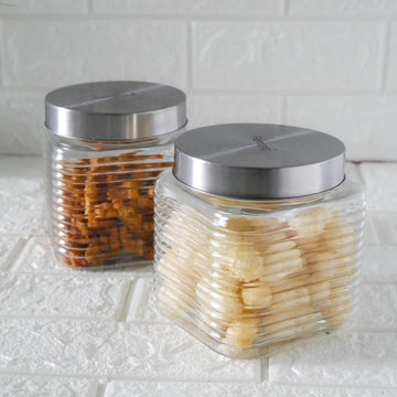 Embossed Line Glass Jar, Kitchen Storage Jar, Square Jars, Airtight Steel Lid