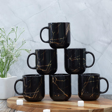22k Liquid Gold Marble Design Ceramic Coffee Mug, Tea Cups, 180 ML, Pack of 6, Black