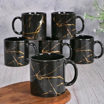 Marble Gold Design Ceramic Coffee Mug, Tea cups, Stackable, Chip Resistant, 180 ML, Pack of 6, Black