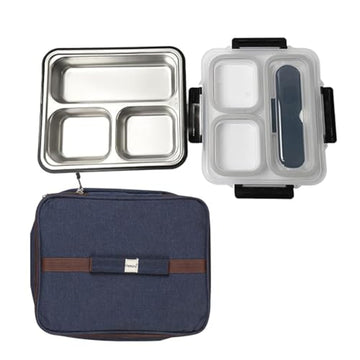 High Stainless Steel Lunch Thali Set With Bag, Femora, 600 ML, 1 Pcs, Black