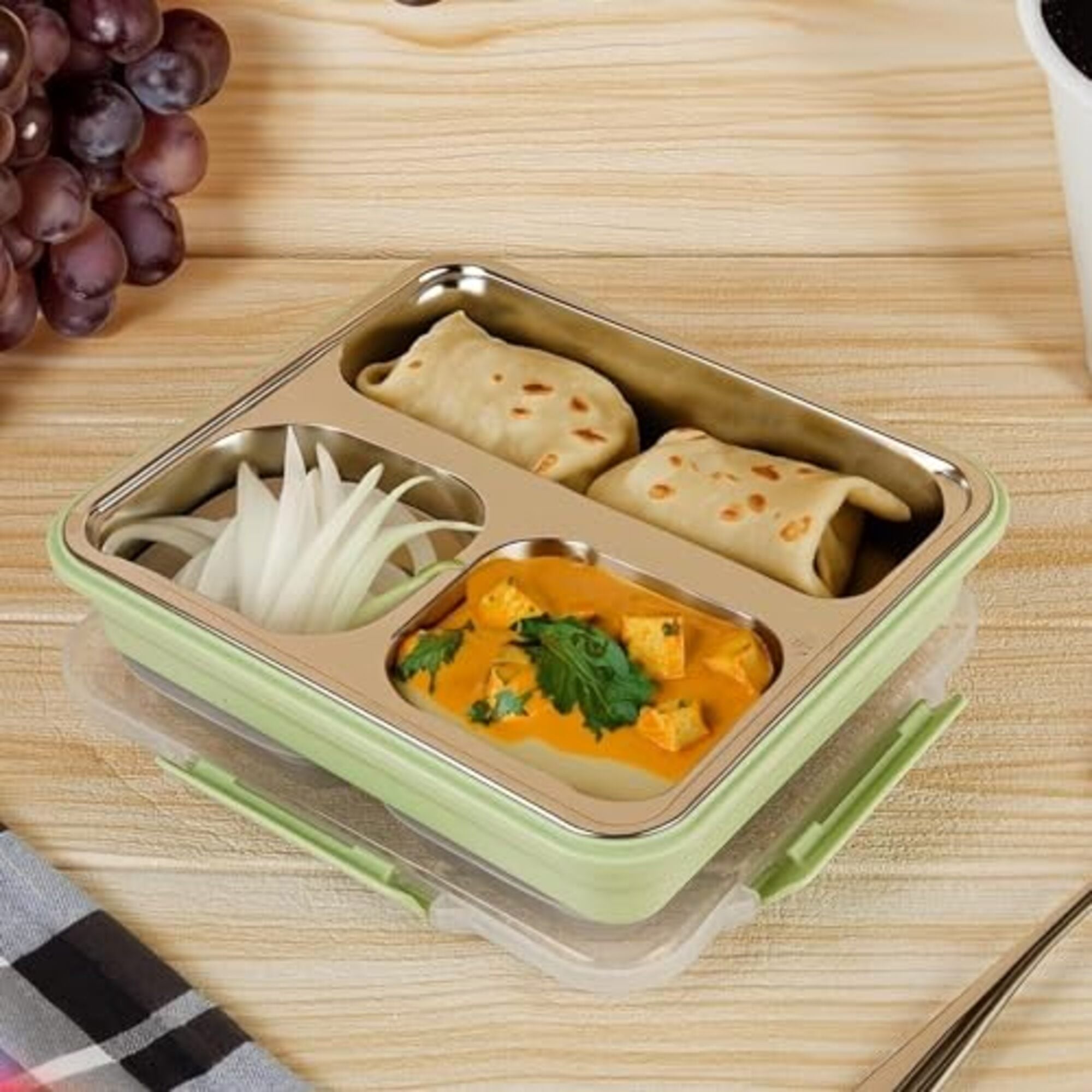 High Stainless Steel Lunch Thali Set  With Bag, Femora, 600 ML, 1 Pcs, Green