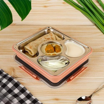 Stainless Steel Lunch Box Thali Set With Bag , Femora, 1 Pcs, Pink