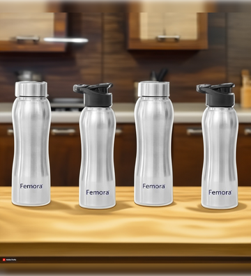 Stainless Steel Water Bottle with Sipper Cap & Steel Lid, 750ML, 4 Pcs, Femora