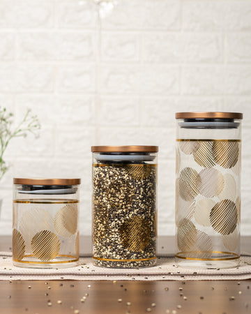 Borosilicate Glass Round Gold Print Kitchen Storage Jar, Airtight Steel Lid, Femora