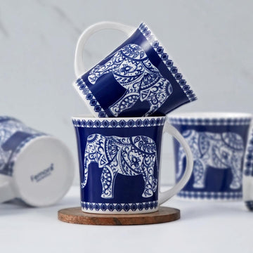 Femora Majestic Elephant Ceramic Tea & Coffee Cups | Royal Blue | Set of 6 | Capacity - 180 ml | Ideal for Home, Gifting & Office Use