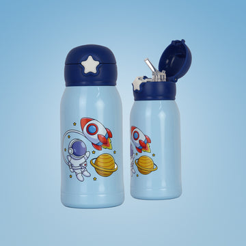 Kids Galaxy World Water Hot & Cold Thermosteel Water Bottle for Kids Double Walled Vacuum Insulated Stainless Steel Bottle with Bag (550 Ml) (Blue)