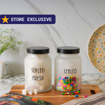 Kitchen Storage Jars Frosted Jar With Black Steel Lid Air Tight Jar Femora 1000 ML Pack Of 2