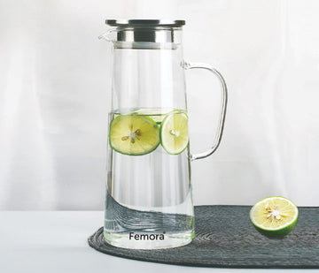Femora Borosilicate Glass 1.5 Ltr Capacity Water Jug with Handle, Juice Beverage Carafe with Stainless Steel Lid, Big Glass Iced Tea Pitcher, 1 Pcs Set (BPA Free)