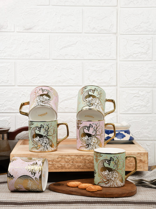Fine Bone China Pink & Blue Peacock Pattern Tea Cup - 6 Pcs,180 ML