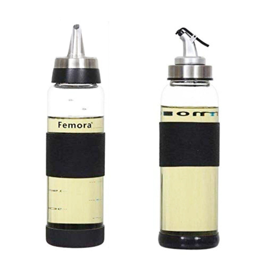 Borosilicate Glass Metallic Lid Oil Bottle Dispenser, 2 Pcs, 500 ML, Femora
