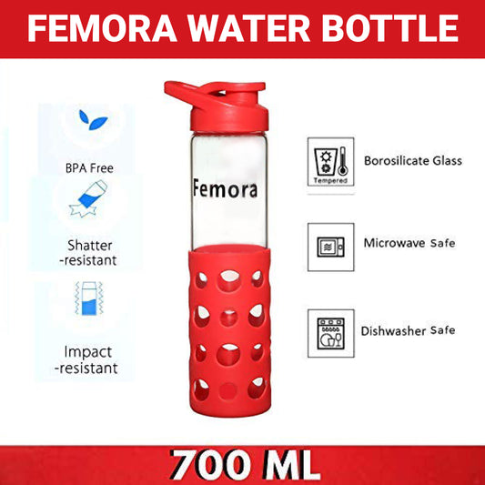 Borosilicate Glass Water Bottle with Red Protective Silicone Sleeve, 700 ML, 1 Pc, Femora