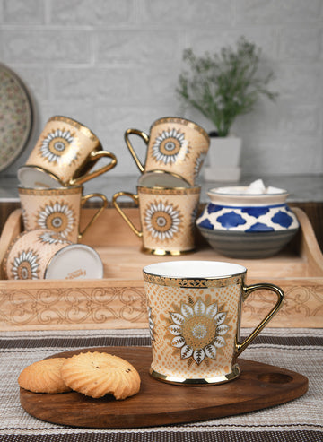 Premium Ceramic Golden Coffee & Tea Cup Set of 6, 180 ML, Femora
