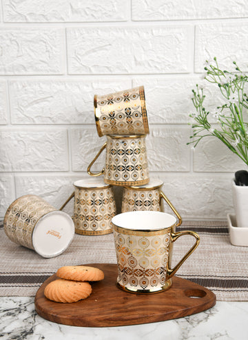 Circles with Leaves Pattern Fine Bone China Golden Tea Cups