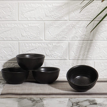 Handmade Ceramic Solid Katori Bowl Ceramic Dining Bowl, 250 Ml, Black (Set of 4, Dishwasher Safe)