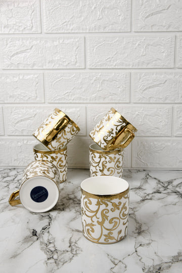 Premium Ceramic Golden Floral Motif Pattern Line Coffee & Tea Cup Set of 6, 180 ML, Femora