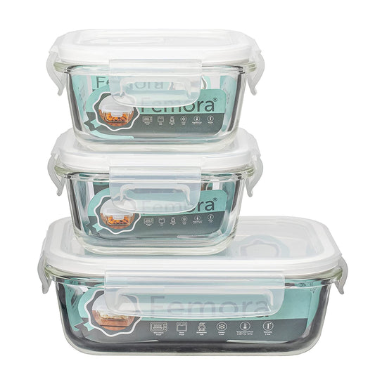Borosilicate Glass Lunch Box Green Canvas Bag Femora, 380 ML, 620 ML, 3 Pcs