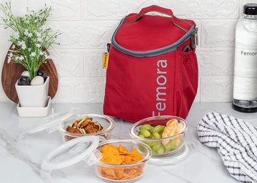 Borosilicate Glass Lunch Box Red Canvas Bag Femora, 380 ML, 3 Pcs