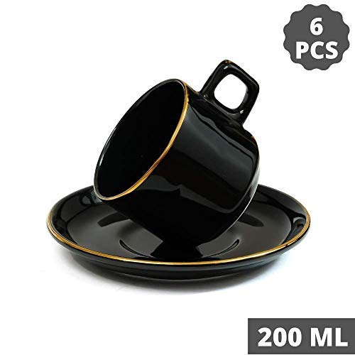 Ceramic Handmade Black Gold Plated Tea Cup With Saucers, 200 ML,Black , Femora