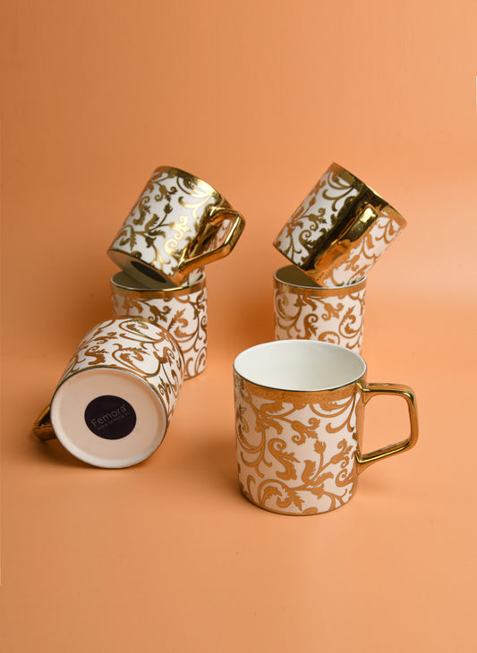 Premium Ceramic Golden Floral Motif Pattern Line Coffee & Tea Cup Set of 6, 180 ML, Femora