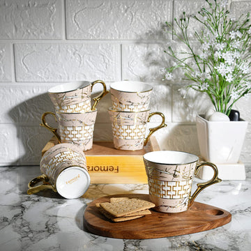 Premium Ceramic Pink Gold Coffee & Tea Cup Set of 6, 155 ML, Femora