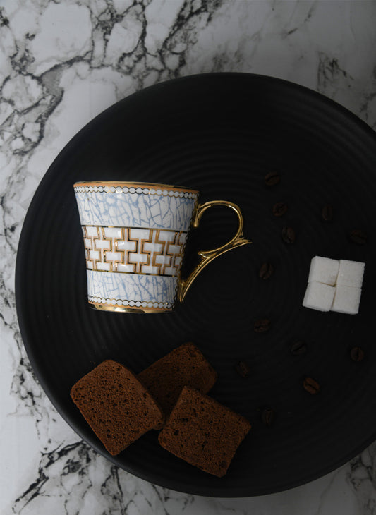 Premium Ceramic Blue Craze Pattern on Golden Tea Cup Set of 6, 160 ML, Femora