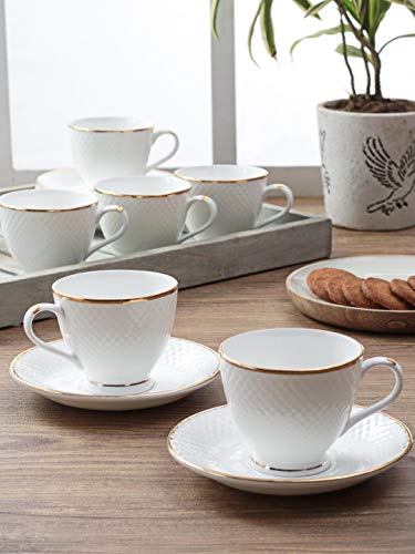 Ceramic Gold Line Diamond Cut White Cup Set with Saucer, 200 ML, 6 Cups, 6 Saucers, Femora