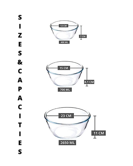 Borosilicate Glass Microwave Safe All-Purpose Mixing Bowls,400 ML, 700 ML, 2650 ML, Set of 3