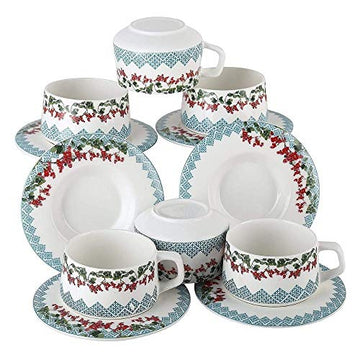 Ceramic Flora Series Cup Set with Saucer, 200 ML, 6 Cups, 6 Saucers, Femora