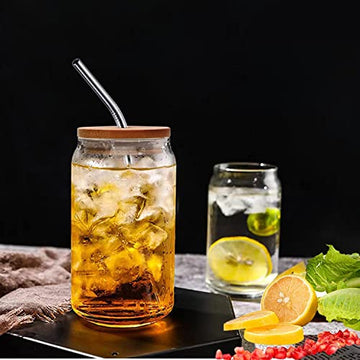 Coffee Can with Wooden Lid and Glass Straw , Pack of 2, 500 ML, Femora