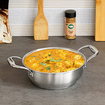 Femora Tri-Ply Stainless Steel Kadhai with Handle, 26 cm,Silver