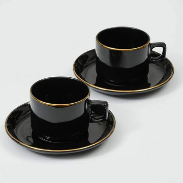 Ceramic Handmade Black Gold Plated Tea Cup With Saucers, 200 ML,Black , Femora