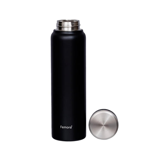 Thermo Steel Vacuum Stainless Steel Bottle, 750 ML, Black, HOT and Cold, Femora