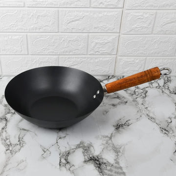 Femora Iron Wok for Cooking & Deep Frying with Strong Wooden Handle, 50% Lighter Weight