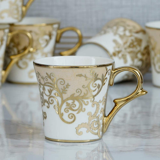 Premium Ceramic Floral Gold Line Coffee & Tea Cup Set of 6, 160 ML, Femora