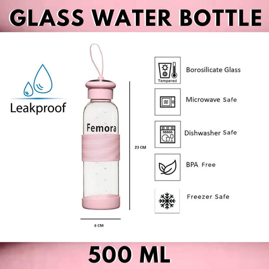 Borosilicate Glass Pink Water Bottle - 500 ml