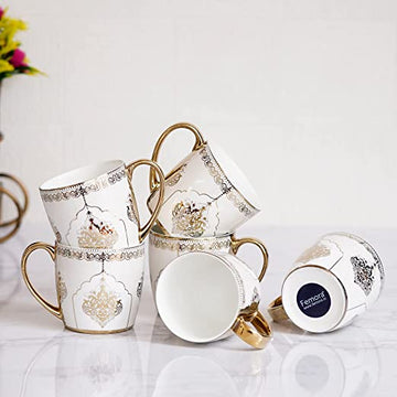 Premium Ceramic White Gold Coffee & Tea Cup Set of 6, 160 ML, Femora