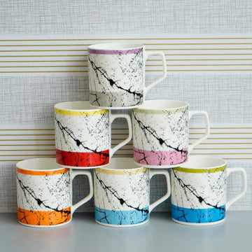 Arabesque Flower Pattern Ceramic Coffee & Tea Cup Set of 6, 200 ML, Femora