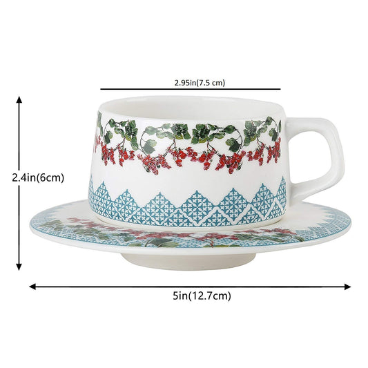 Ceramic Flora Series Cup Set with Saucer, 200 ML, 6 Cups, 6 Saucers, Femora