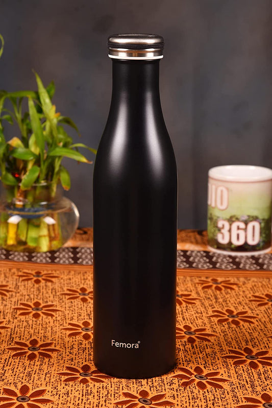 Thermo Steel Vacuum Stainless Steel Bottle, 750 ML, Black, HOT and Cold, Femora