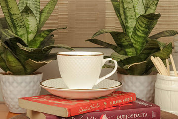 Ceramic Gold Line Diamond Cut White Cup Set with Saucer, 200 ML, 6 Cups, 6 Saucers, Femora