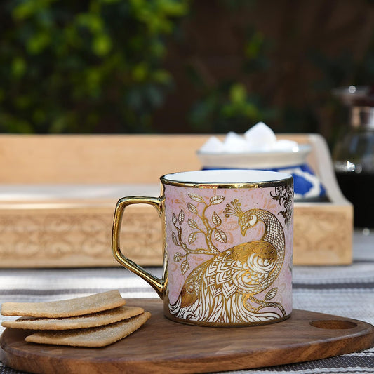Ceramic Pink Peacock Pattern Coffee & Tea Cup Set of 6, 180 ML, Femora