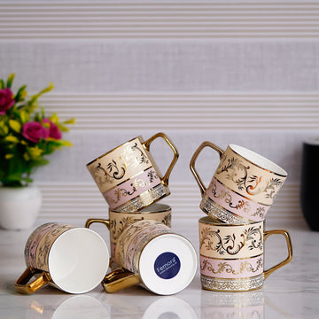 Premium Ceramic Pink Floral Gold Coffee & Tea Cup Set of 6, 180 ML, Femora